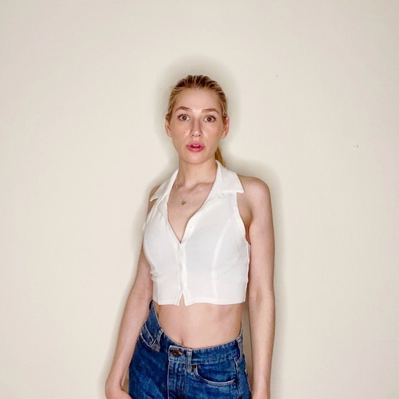 White Ribbed Racer Back Polo Top Size Small - Picture 9 of 9